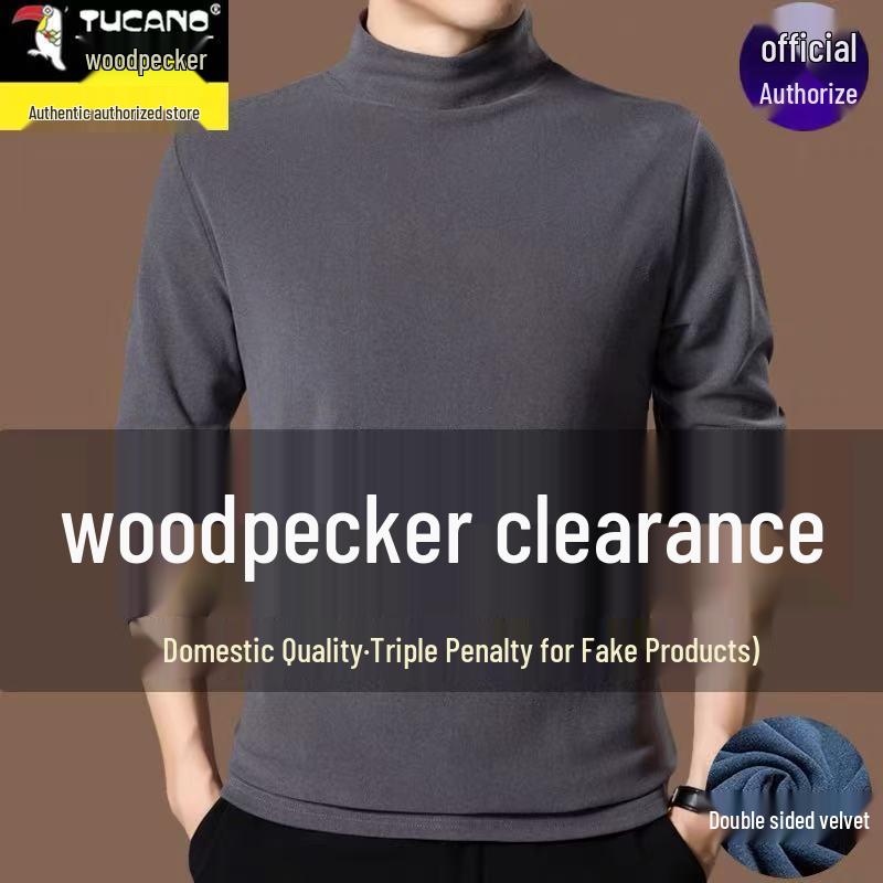 

Men s Woodpecker Long Sleeve High Neck Velvet Sweatshirt - Autumn/Winter Solid Color Slim Fit Base Shirt 2XL for 150-170 jin