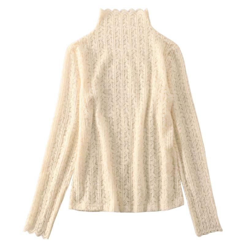 Brushed Lace High-Neck Mesh Top for Women - Trendy Autumn/Winter Layer