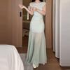 Seaside Vacation Green Mesh Splicing Dress Children's Summer French Sexy New Waist Hip Long Skirt