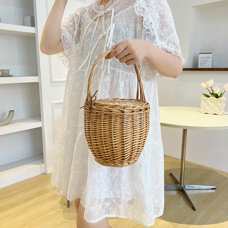 Wicker basket bag women summer beach natural rattan straw bucket totes handmade woven handbags 2026 new