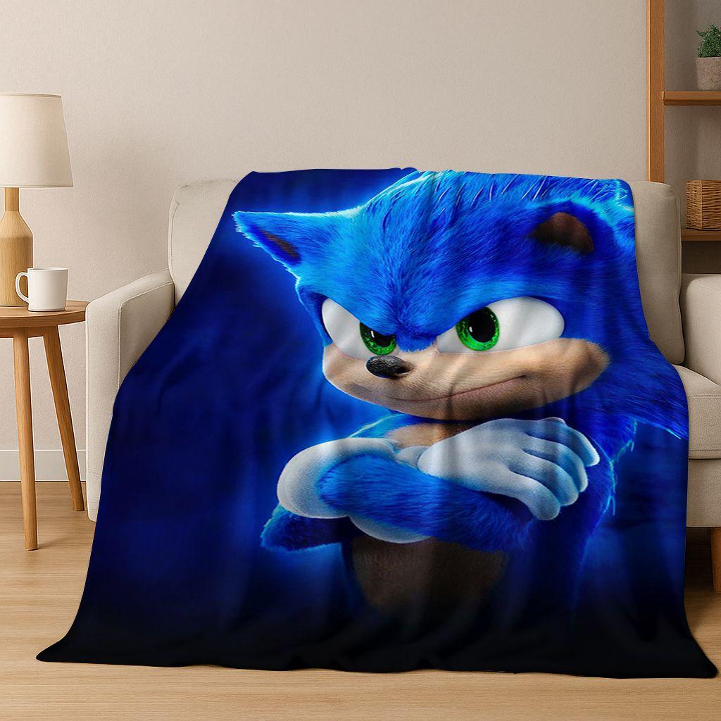 Classic S-Sonic Game Cartoon Hedgehog Flannel Blanket Soft Warm Throw Blanket for Bed Bedroom Room Living Room Travel Picnic Kid