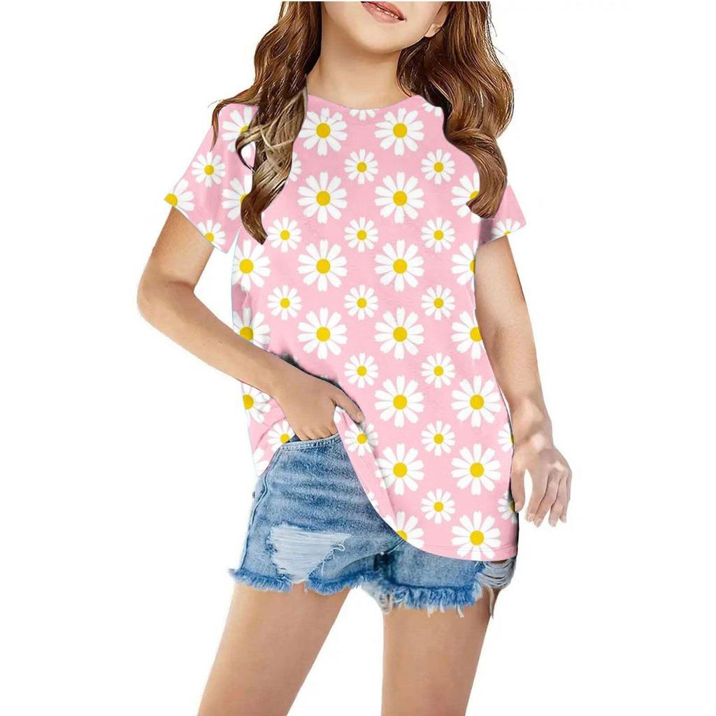 Kids T-shirts Summer Children's Clothing Flower Digital Print Girls' Round Neck Short Sleeved T-shirt