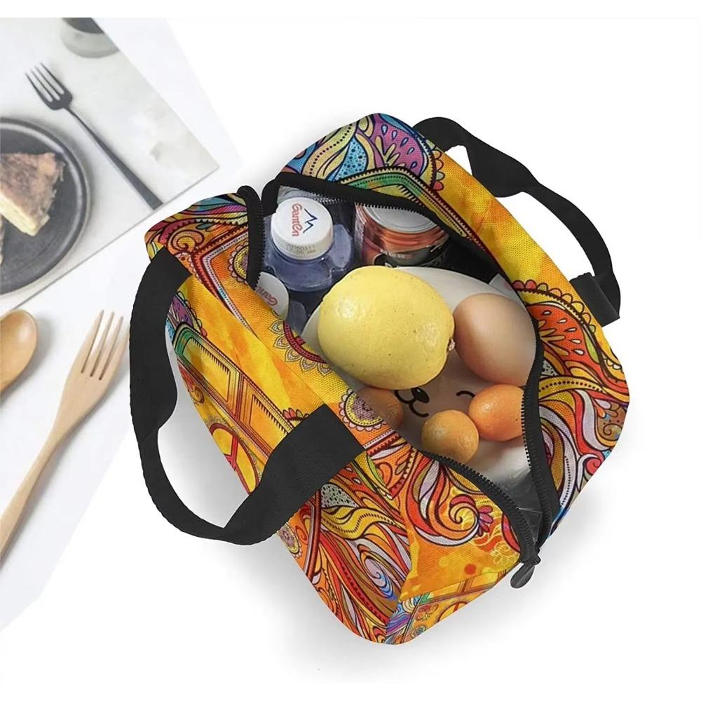 Hippie Vintage Car a Mini Van with Peace Sign Insulated Lunch Box Reusable Cooler Tote Bag Waterproof Lunch Holder for Women