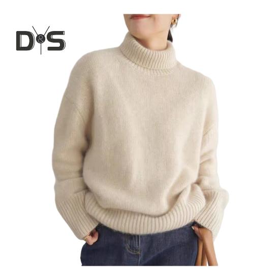 Женский зимний свитер с высоким воротником и длинным рукавом мягкий теплый трикотажный топ однотонный свободный крой пуловер S бежевый 2125₽