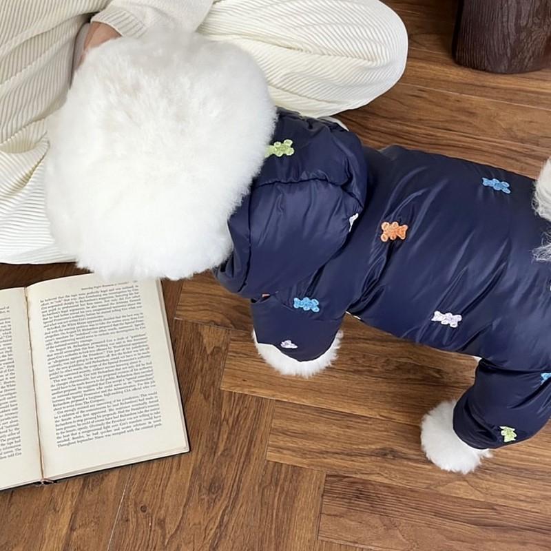 Pet Autumn Winter Four Leg Cotton Coat Dog Yorkshire Bear Coat Teddy Dog Clothes Bear Pattern Navy Blue Cotton Coat with Hat XS