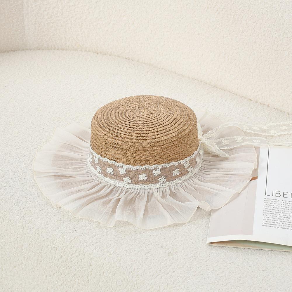 

Lace Flower Straw Hat Breathable Material Solid Fringe Sun Protection Hat Elegant Style Extended Brim Lace Straw Hat хаки