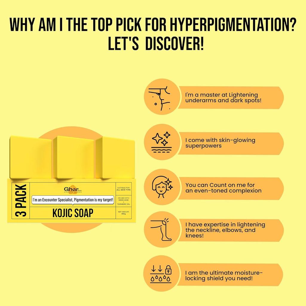 GHAR SOAPS Kojic Acid 2% Soap with Niacinamide for Pigmentation Dark Spots Brightening 100 g Pack of 3