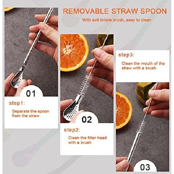 2Pcs Removable Stainless Steel Straw Filter Spoon with 2 Cleaning Brush, Reble Metal Straw Spoon Cocktail Stirrer for Drinking Loose Tea, Ice Coffee,
