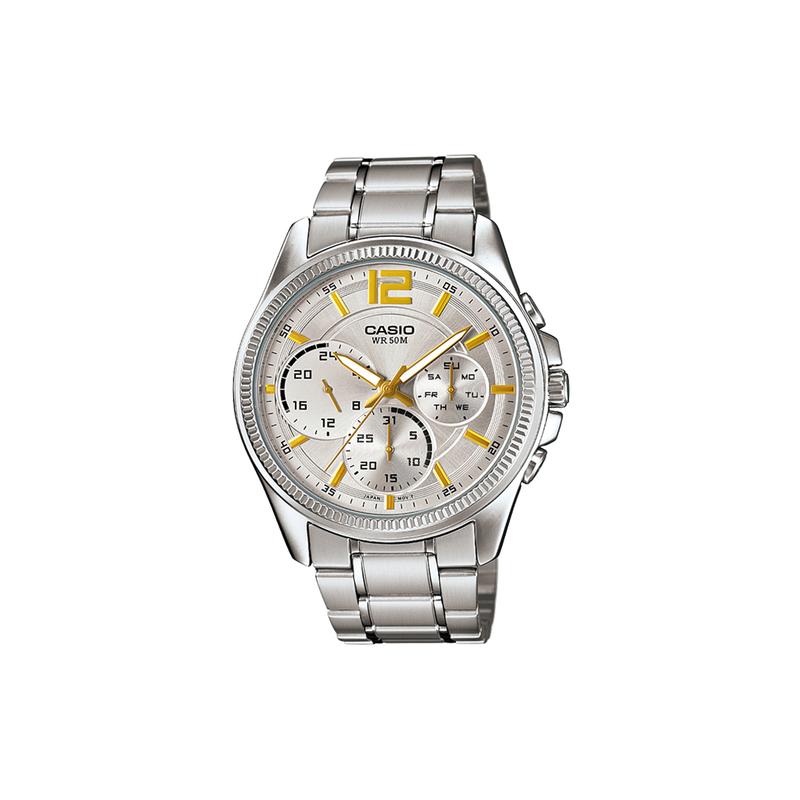 

Casio STANDARD series simple fashion trend business casual style classic pointer three dials six eyes waterproof quartz movement MTP-E305D-7AVDF серебряный