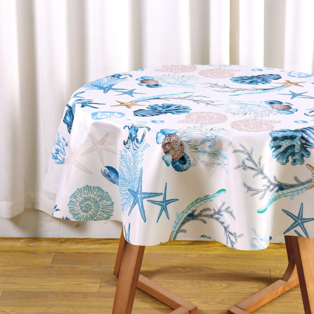 Marine Tablecloth Coral Starfish Design Polyester Table Cover for Ocean Theme Birthday Party Supplies Spring Holiday Table Decor