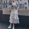 Women Sling Dress V-Neck Sleeveless Multi Layer Lace Splicing Design Maxi Dress Solid Color
