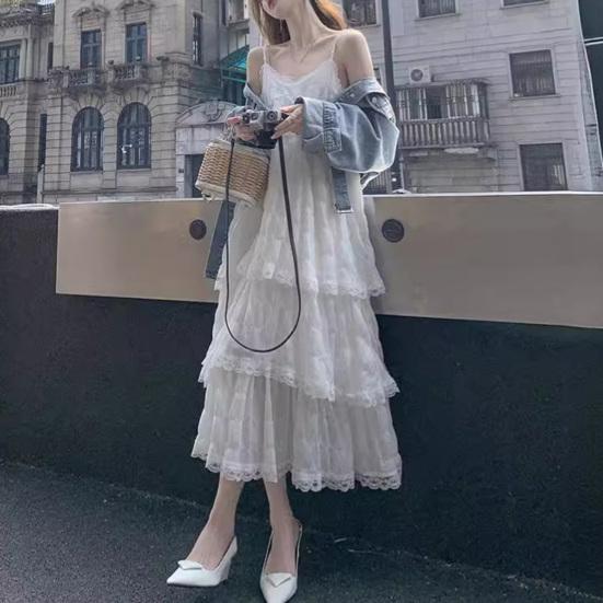 Women Sling Dress V-Neck Sleeveless Multi Layer Lace Splicing Design Maxi Dress Solid Color