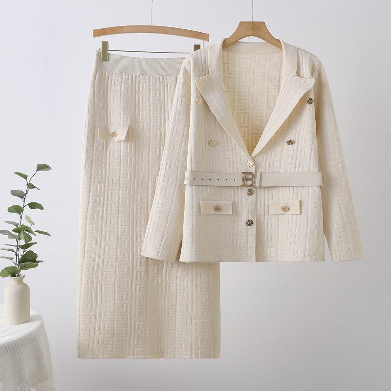 Autumn Winter Women Designer Knitted Sweater Two Piece Set Blazer Collar Cardigans Coat and Long Maxi Sheath Skirt Outfits With Belt