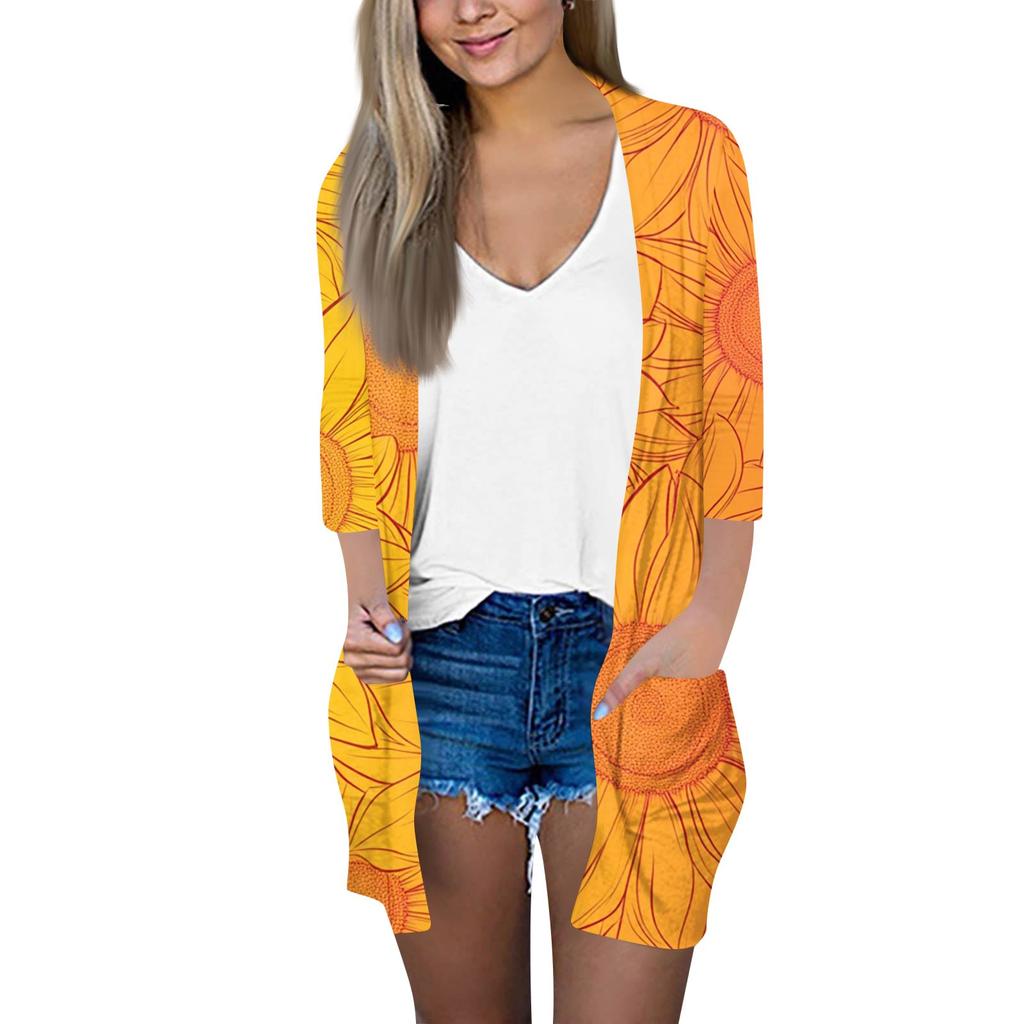 Women's Fashion Loose Casual Pocket Printed Cardigan Seven Sleeve Jacket Top
