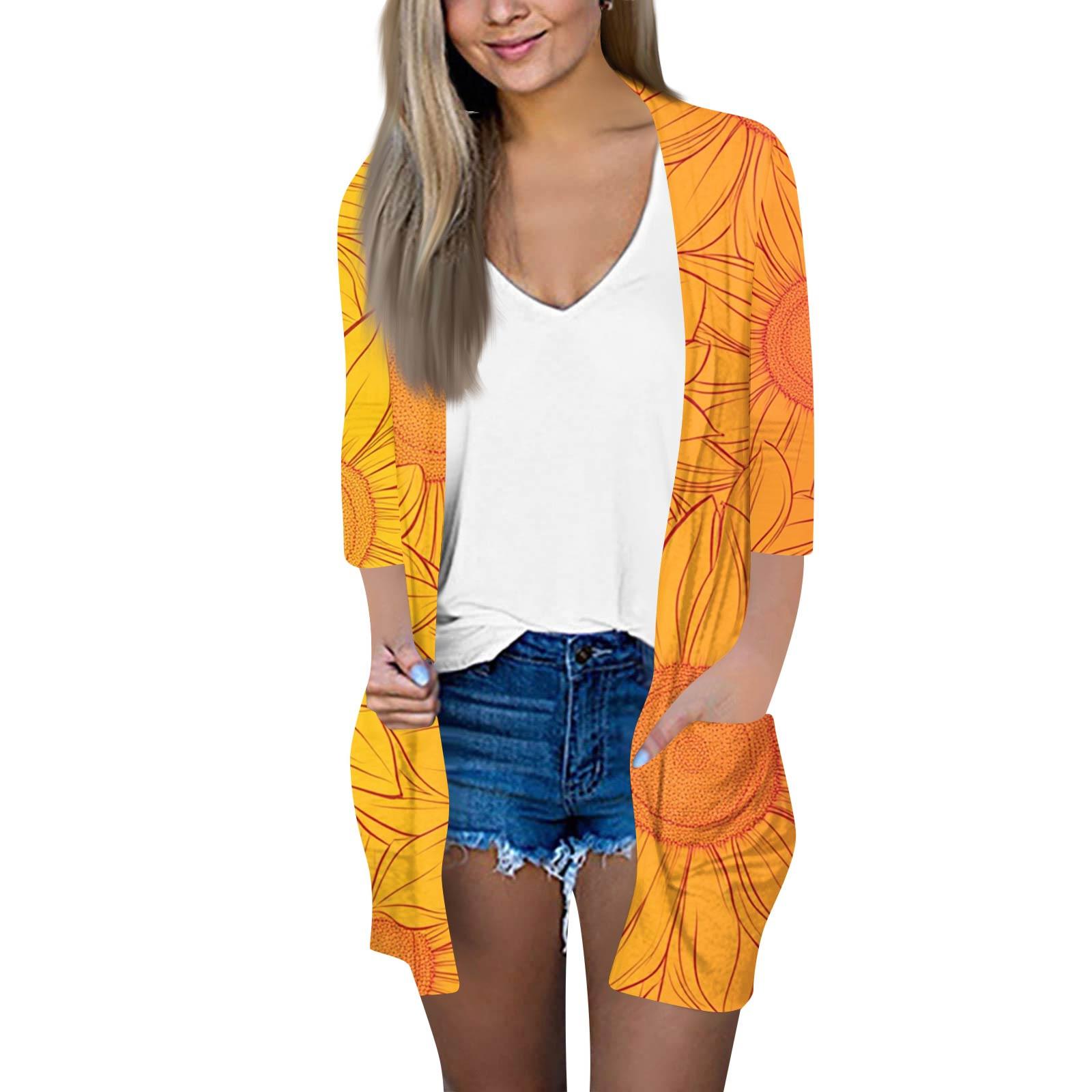 

Женский модный свободный повседневный кардиган с принтом и карманами, куртка с рукавом семь восьмых, топ L оранжевый