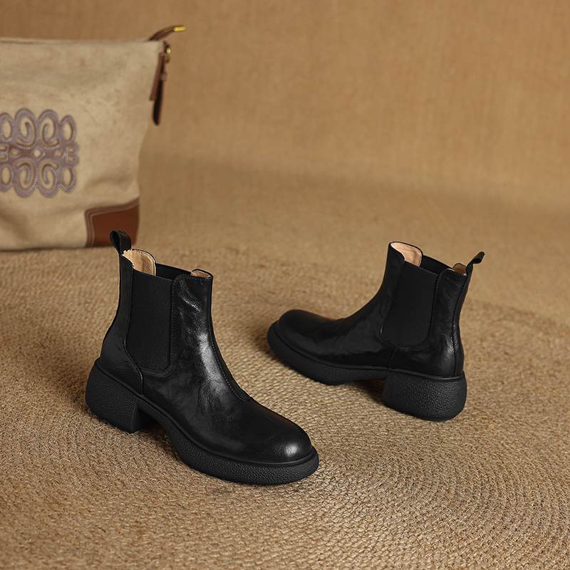Krazing Pot Sheepskin Pleated Decoration Autumn Winter Shoes Chunky Heels Size 43 Size 42 Round Toe Slip on Retro Fashion Ankle Boots