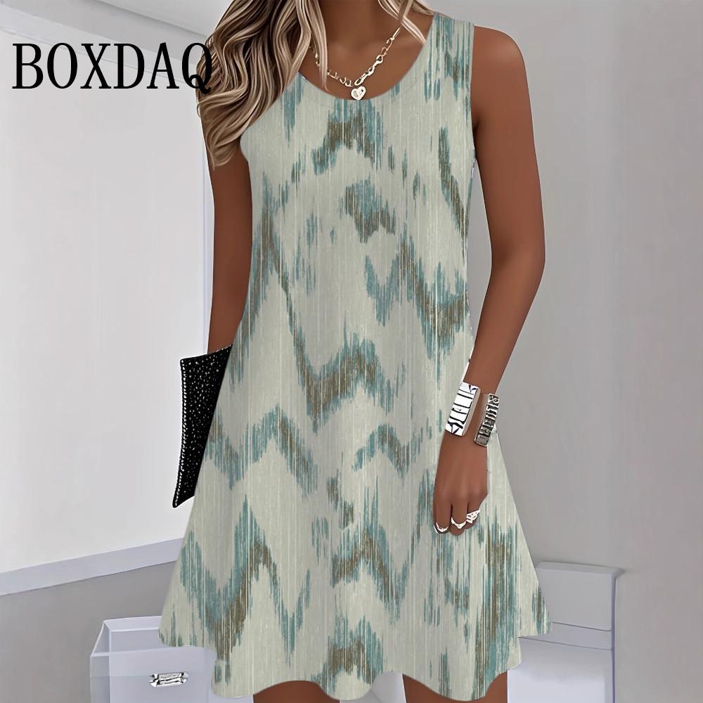 Summer Women's Tank Short Dress Loose Sundress Striped Printed Round Neck Dress Casual Fashion Beach Sleeveless Dresses