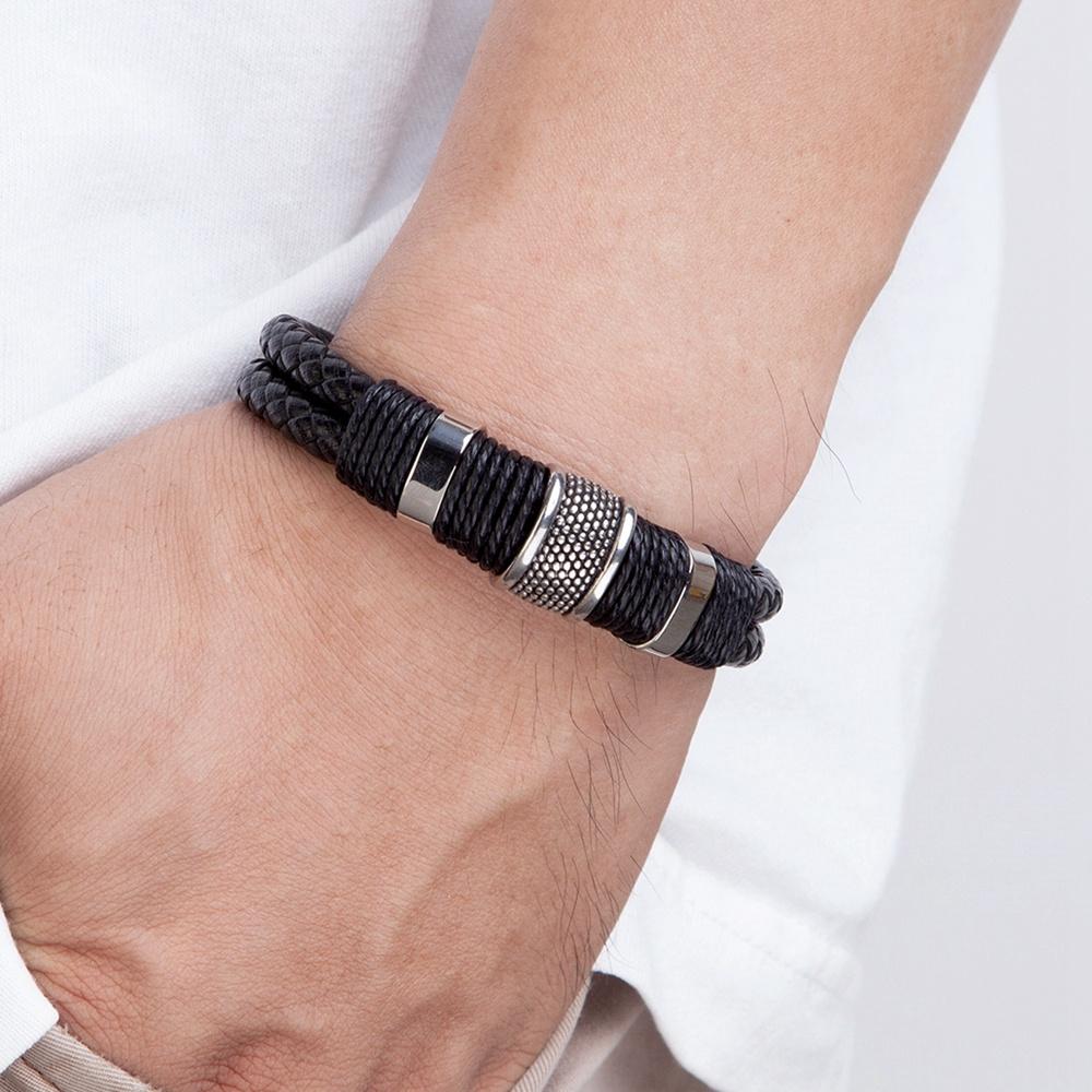 Woven Leather Rope Wrapping Special Style Classic Stainless Steel Men's Leather Bracelet Double layer Design