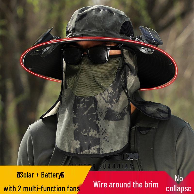 Men's Solar Rechargeable Sun Hat with Dual Fans and Face/Neck Protection for Summer Outdoor Hiking