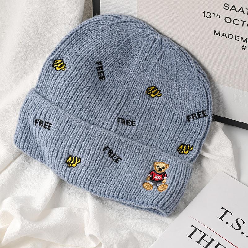 Hat Female Autumn and Winter Wool Hat Versatile Embroidered Letter Knitted Outdoor Riding Warm Cute Bear Pullover Hat