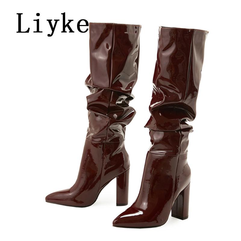 Fashion Liyke 2025 Autumn Winter Pleated Patent Leather Knee High Boots Female Pointed Toe Slip On Motorcycle Shoes Women Square Heels