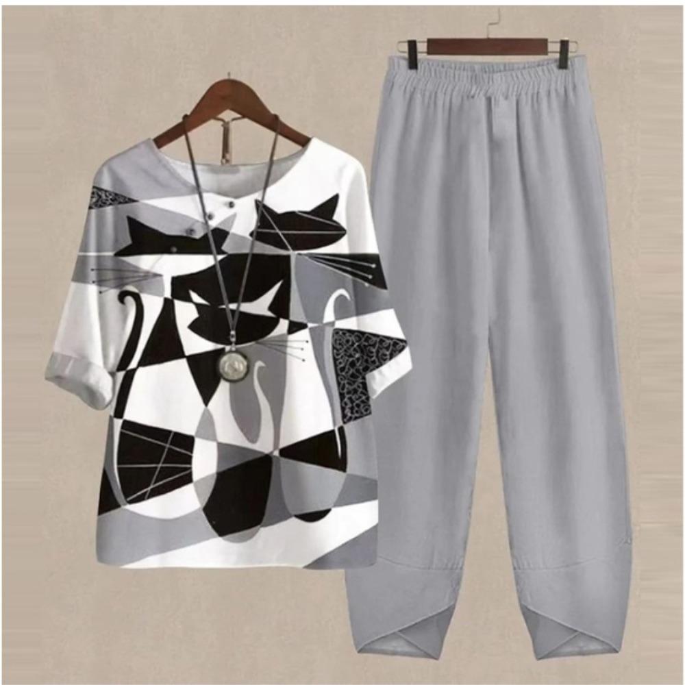Women's Casual Two-Piece Floral Print Outfit Five-Point Sleeve Tops and Elastic Waist Pants Set