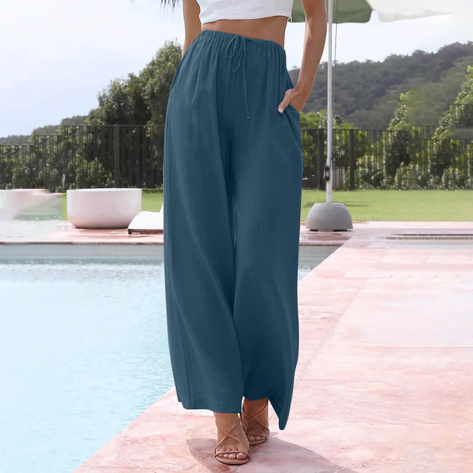 Women s Cotton Linen Summer Wide Leg Pants Flowy Wide Leg Color Beach Pants With Pockets S