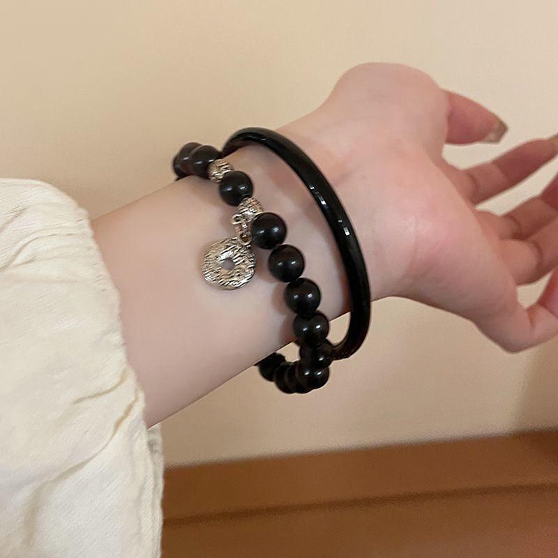 Vintage Design Black Bead Bracelet Light Luxury Elastic Pendant Chain Bracelet Couple Bracelets Girls Women Jewelry Accessories