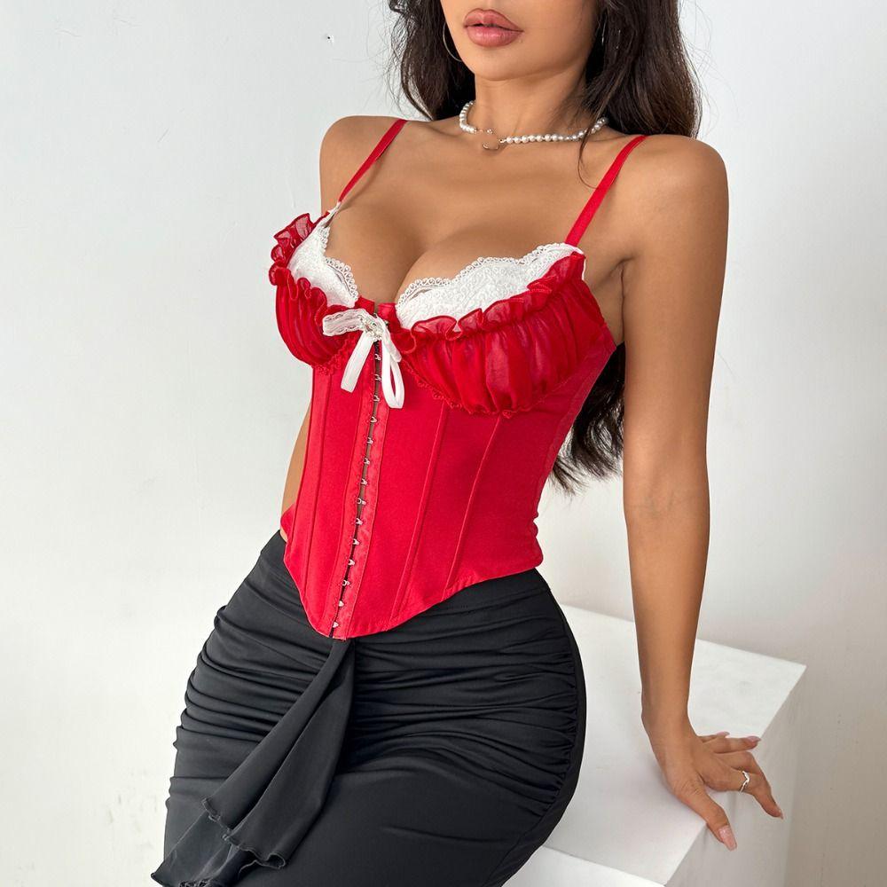 Ruffle Lace Flower Camisole Buckle Slim Crop Tops Fashion Lace Corset  Spring Summer