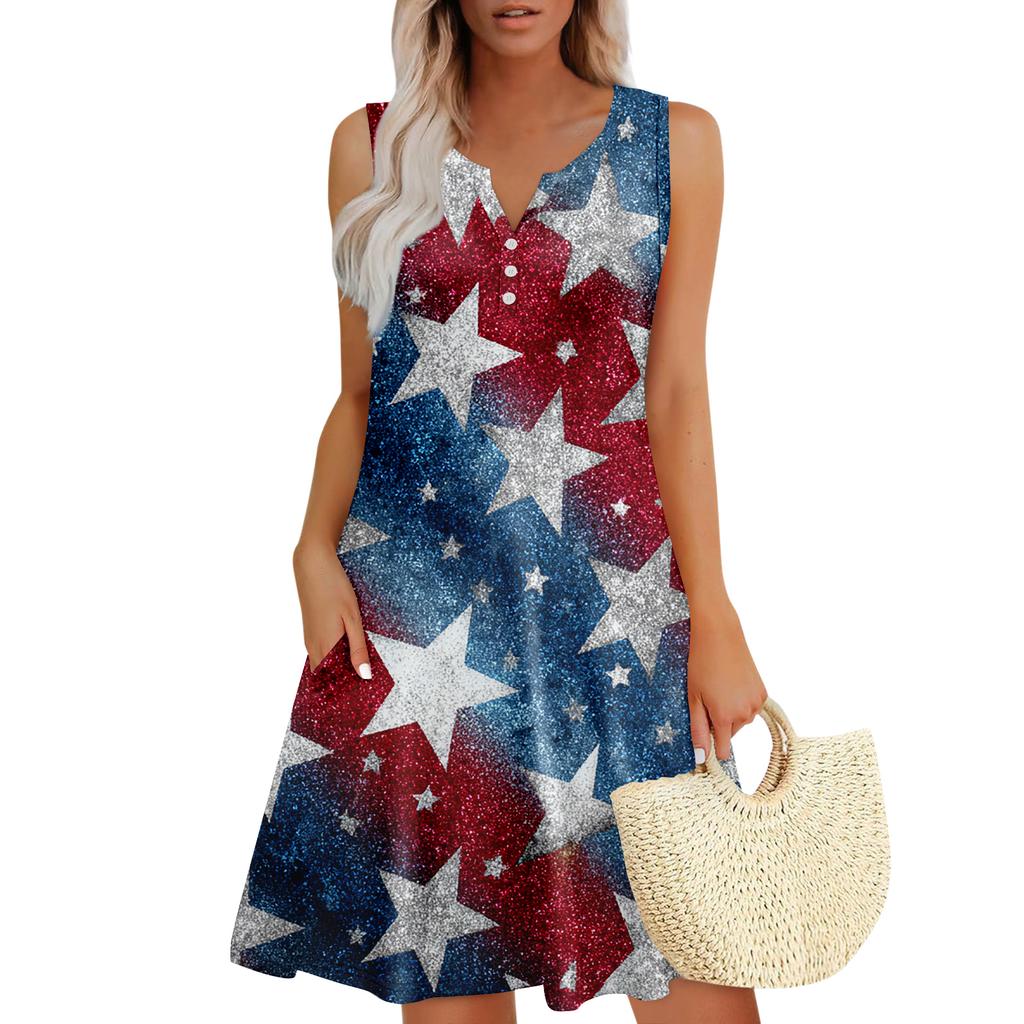 Damen Sommerkleider Lockeres V-Ausschnitt Ärmelloses Sommerkleid Kleid Mit Taschen