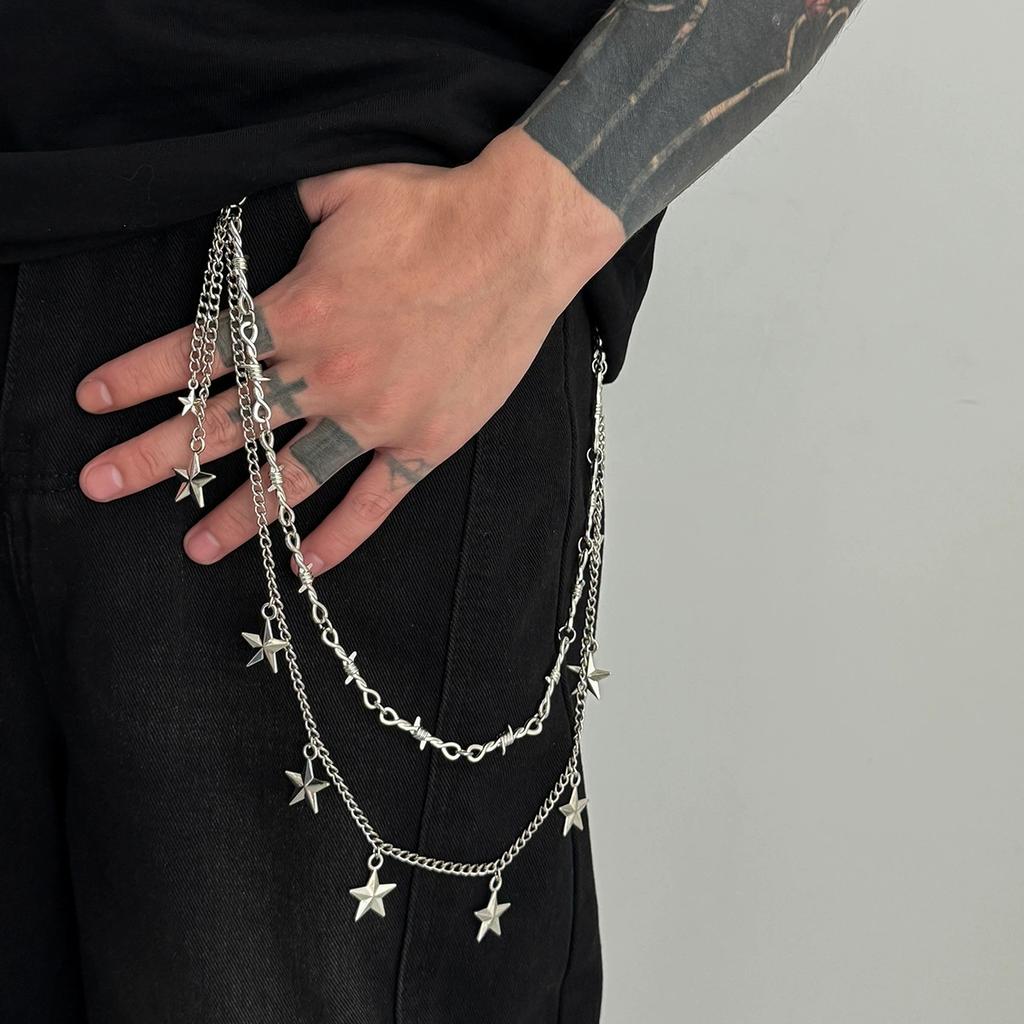 Trendy Hip Hop Double Layer Jeans Pants Chain Men Women Creative Star Pendant Bag Waist Chain Steampunk Jewelry Gift