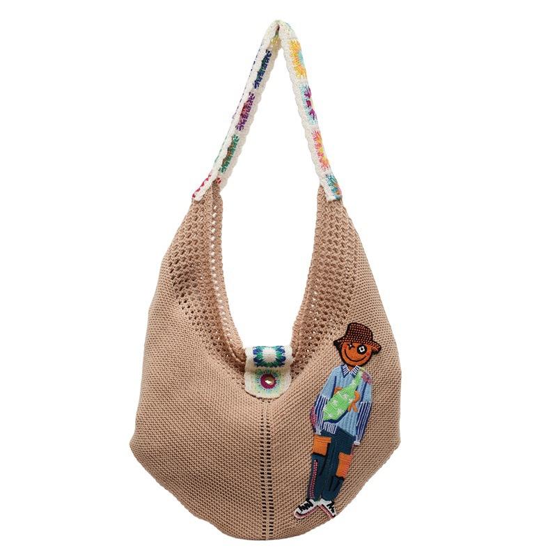 Carto Figure Hollow Mesh Knit Shoulder Bag,Beach Vacati Slouchy Chic Tote Bag,Lightweight Laid-Back Casual Women Handbag