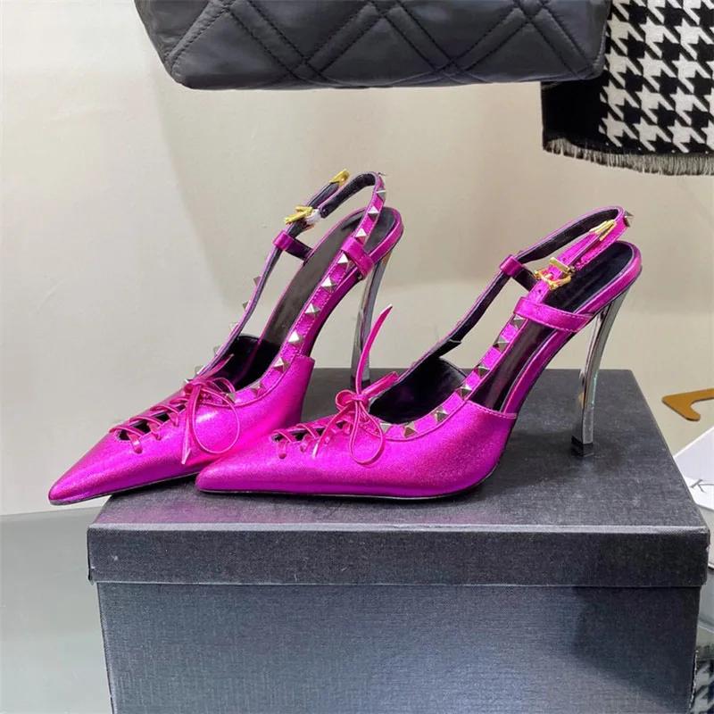 Fashion 2024 Brand Devise Rivet Bowknot Women's Sandals Fashion Sexy Slim Frenulum Sandals European American Banquet Nightclub 45 Shoes