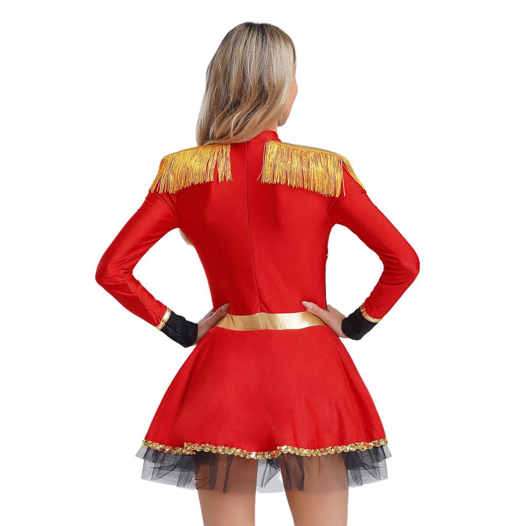 S-XXL Damski Kostium Cyrkowca Body Sukienka Długie Rękawy Frędzle Naszywki na Ramionach Błyszczące Płatki Kostium Cyrkowy Kostium na Halloween