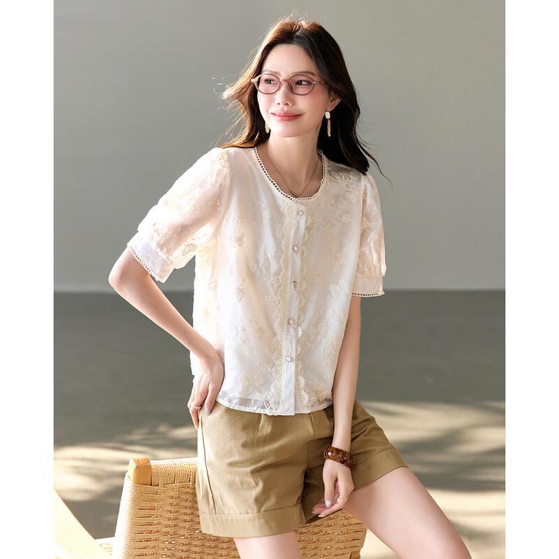 TERRE BLEUE Women's Lace Short-Sleeve Casual Shirt