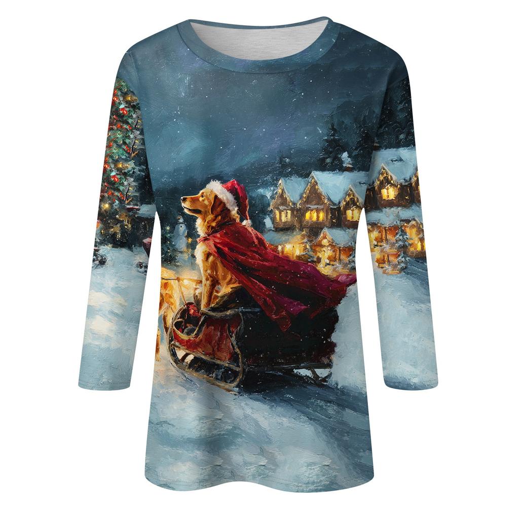 3/4 Sleeve Shirts For Women Print Christmas Tees Blouses Casual Plus Size Basic Tops Pullover