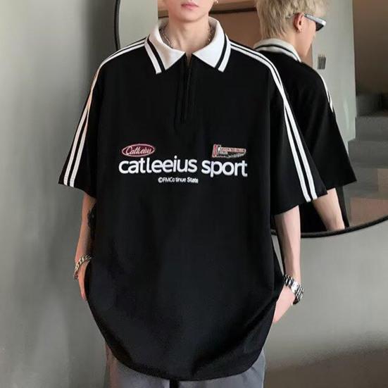 Unisex T-shirt Men Women Striped Letter Decoration Lapel Short Sleeve T-Shirt Casual Loose
