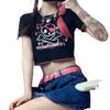 Harajuku Style Women Summer Short Sleeve Round Collar Skull Printed Bare Midriff Crop Top