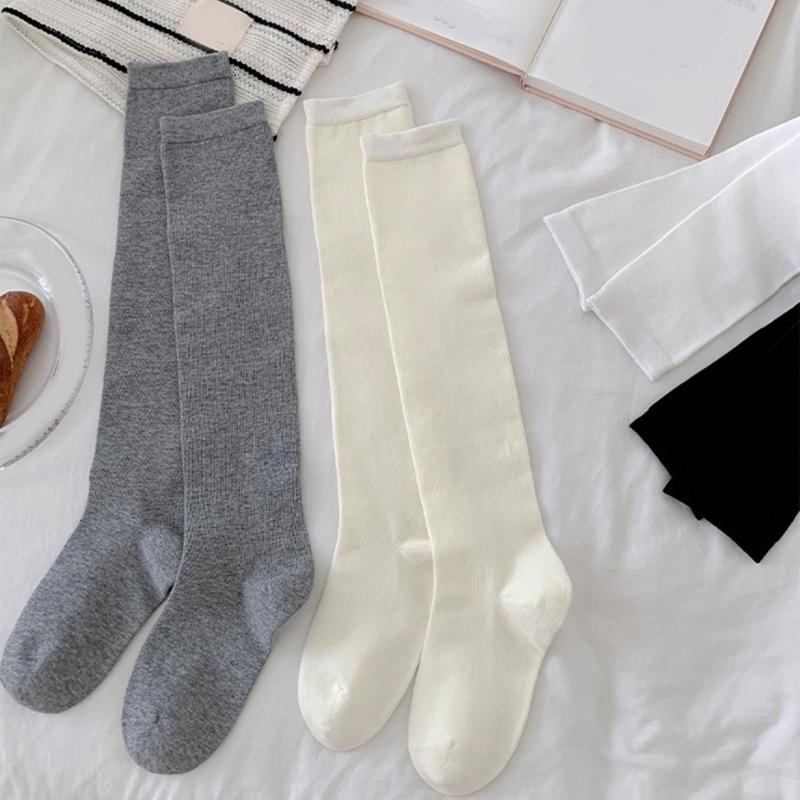 Women Solid Color Ribbed Cuffs Thigh High Stockings Japanese Preppy Students Stretchy Over The Knee Long Boot Socks