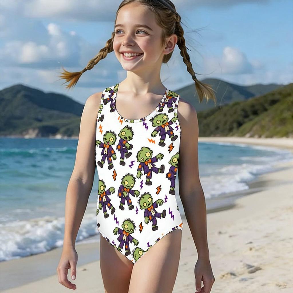 Girls Sleeveless Scoop Neck Wide Straps One Piece Swimsuit Cartoon Wolf Printed White