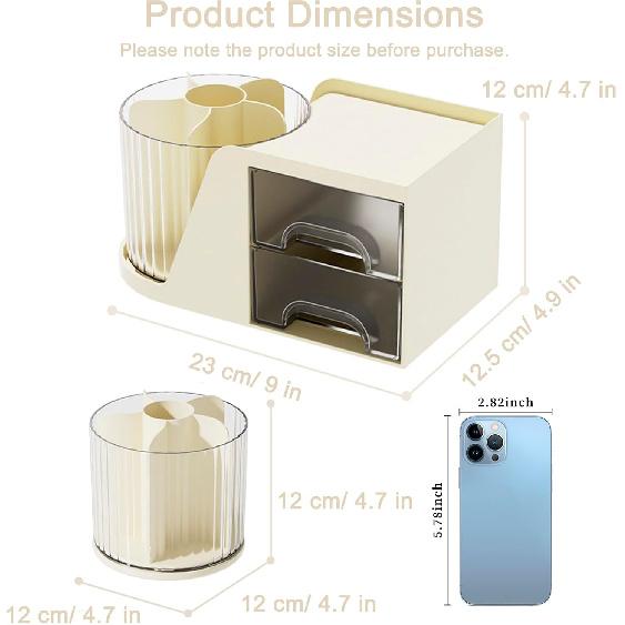 SAYEEC Rotating Desk Organizer with 2 Drawer 6 Slots Multi-Functional Pencil Pen Holder Desktop Makeup Organizer Stationery Accessories Storage Box