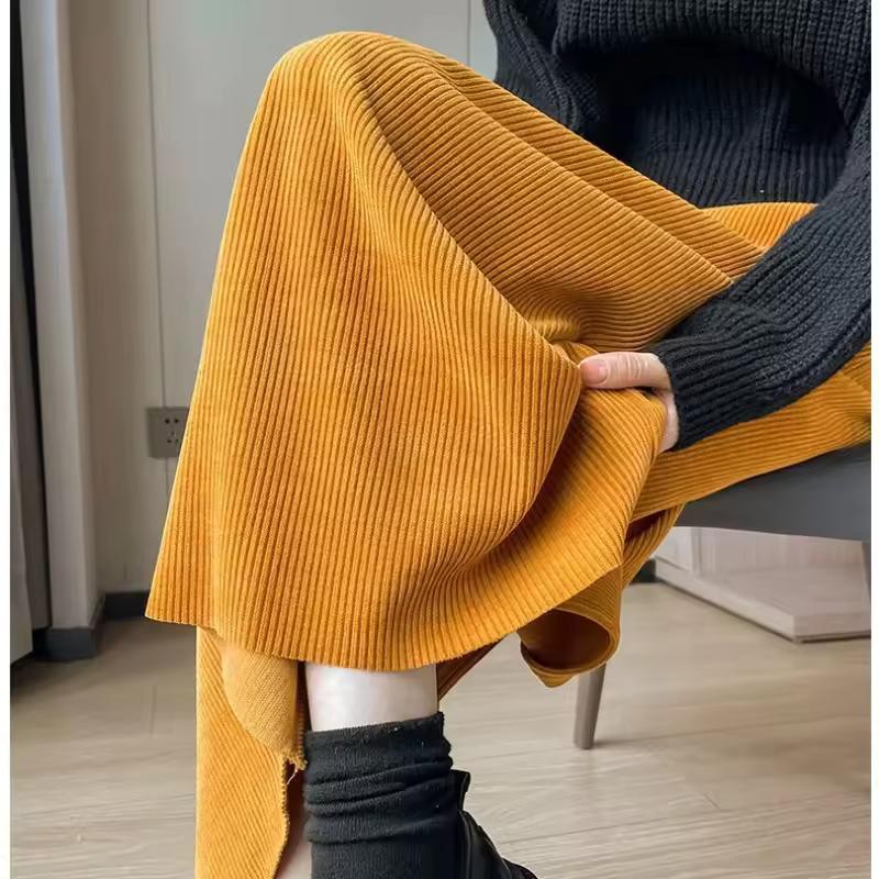 Autumn Winter Velvet Straight Skirts Women Corduroy High Waist Split Solid Simple Soft Office Lady Warm Casual