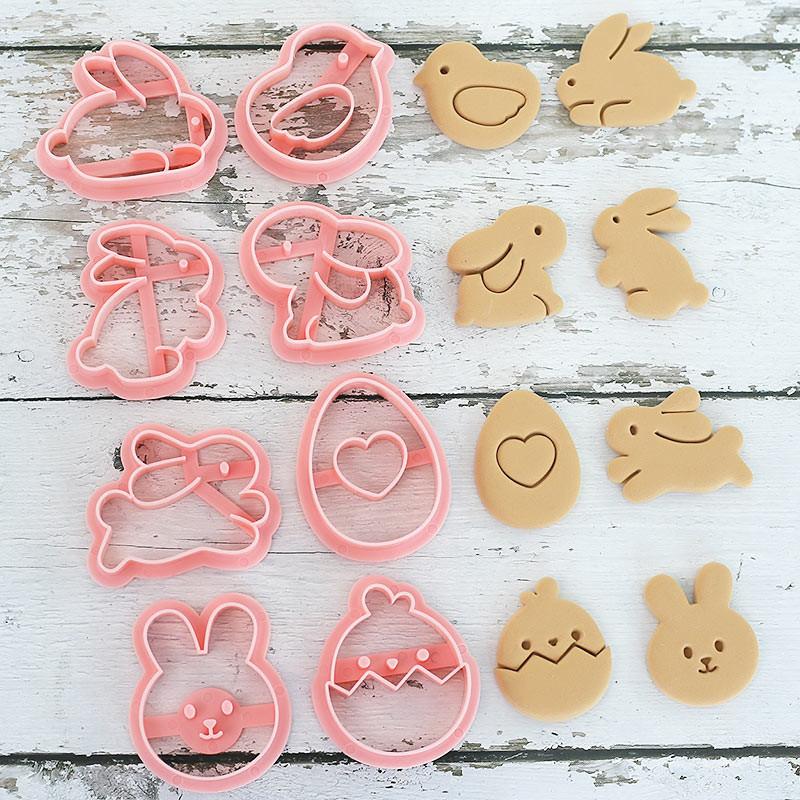 8Pcs Cookies Cutter Rabbit Egg Dough Stamp Plastic 3D Bunny Cartoon Pressable Biscuit Mold Easter Kitchen Baking Pastry Bakeware