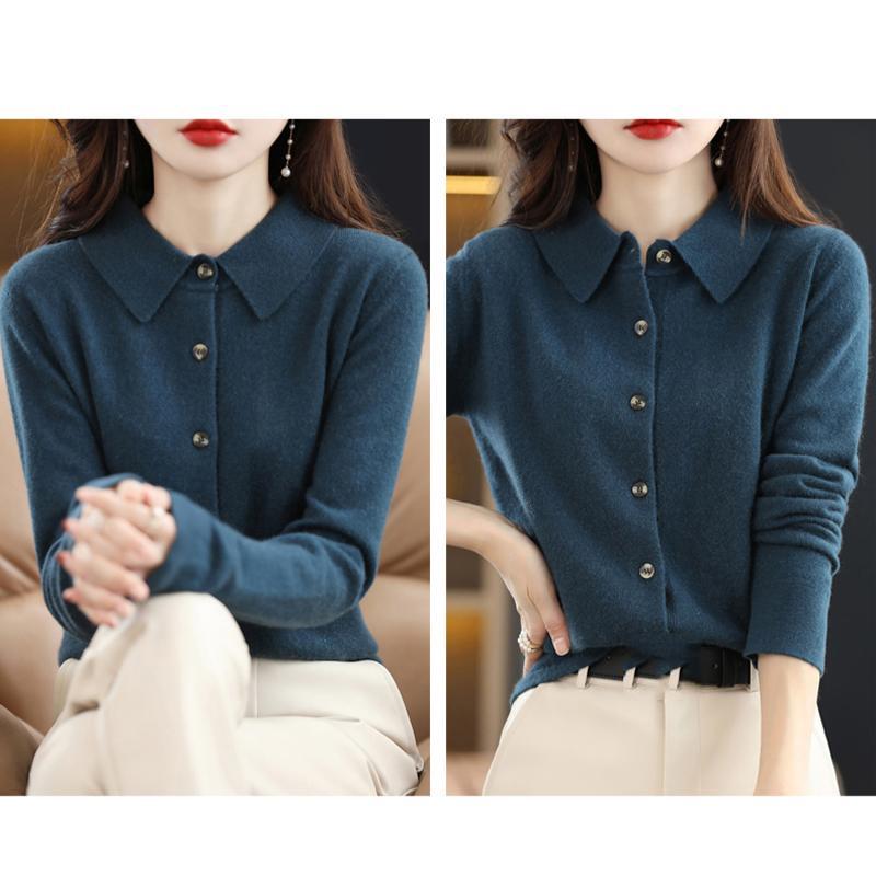 Women's Wool Knit Cardigan Jacket Loose Polo Collar Sweater Outer Solid Color Button Knit Shirt Pullover Korean Autumn Winter T-shirt