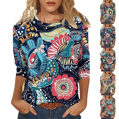 Modisches, lässiges Damen-Pullover-Top mit sieben Viertelärmeln und Print