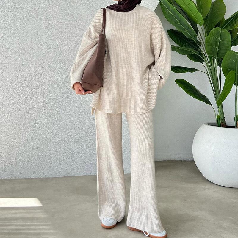 Women Casual Solid Color Knit Sweater Two Piece Set Autumn Winter Thick Round Neck Loose Pullover Wide Leg Pants Matching Sets