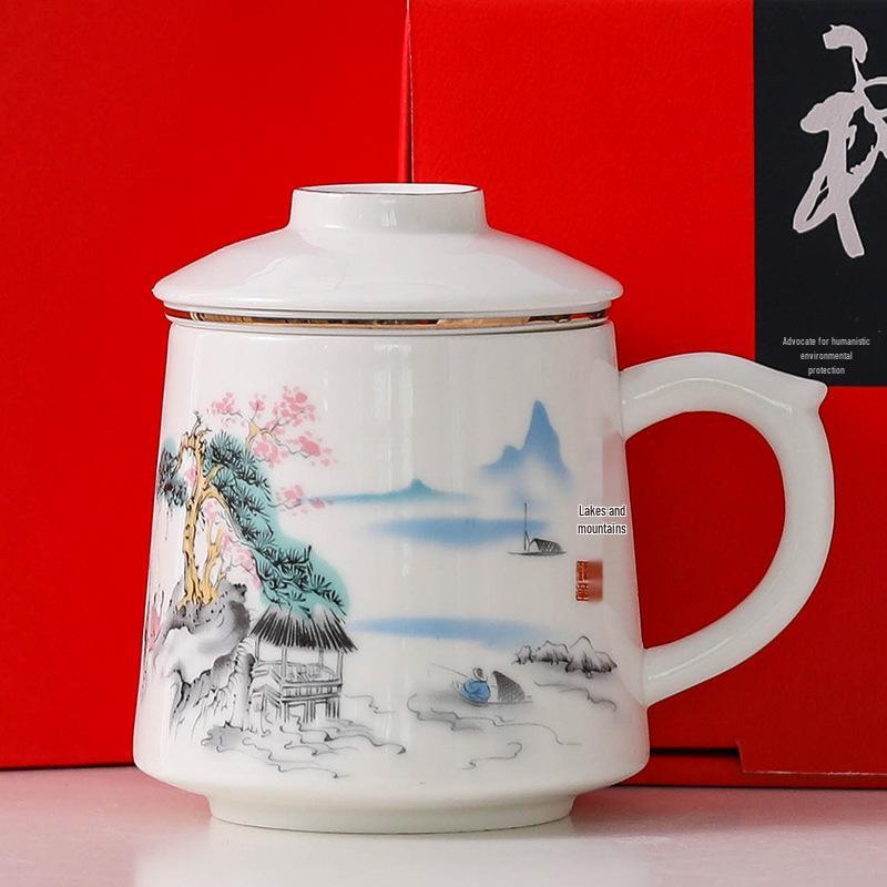 Guochao Style Ceramic Teacup with Filter - Chinese Tea & Water Separation, Customizable Logo for Office Gift