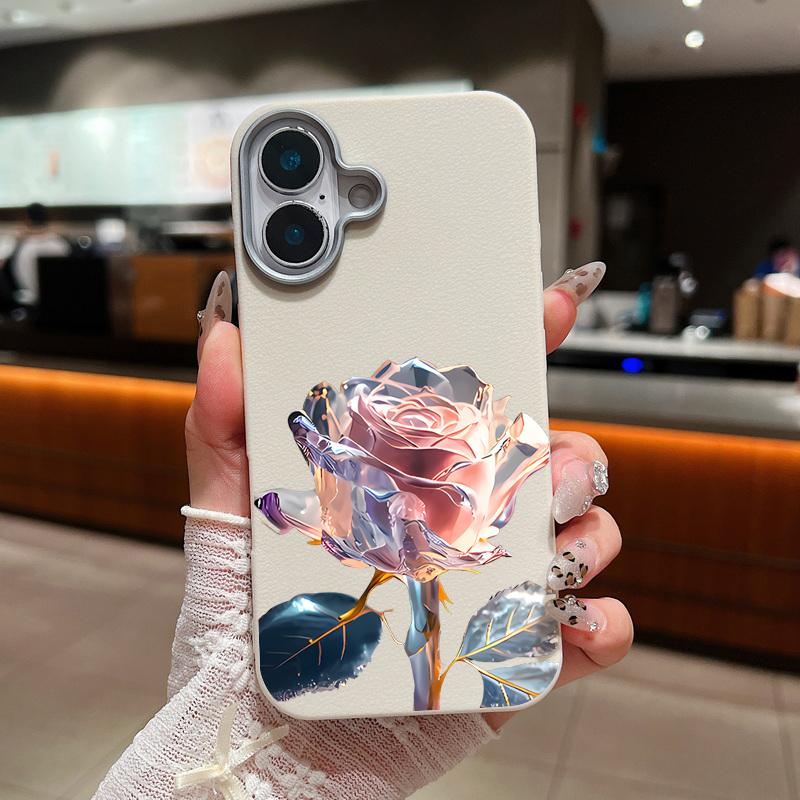 

М’який матовий чохол із барвистим кристалічним квітковим принтом із ТПУ для iPhone 16 Pro Max 15 Plus 14 Pro 13 12 11 Тонка протиударна накладка-бампер із текстурою шкіри iPhone 11 бежевий/білий