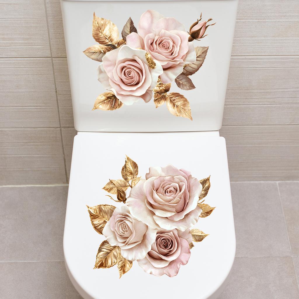 2 Blatt Schöner Goldener Blume Toilettenaufkleber Badezimmer Toilettendeckel Dekorativer Aufkleber Wasserdicht Selbstklebend