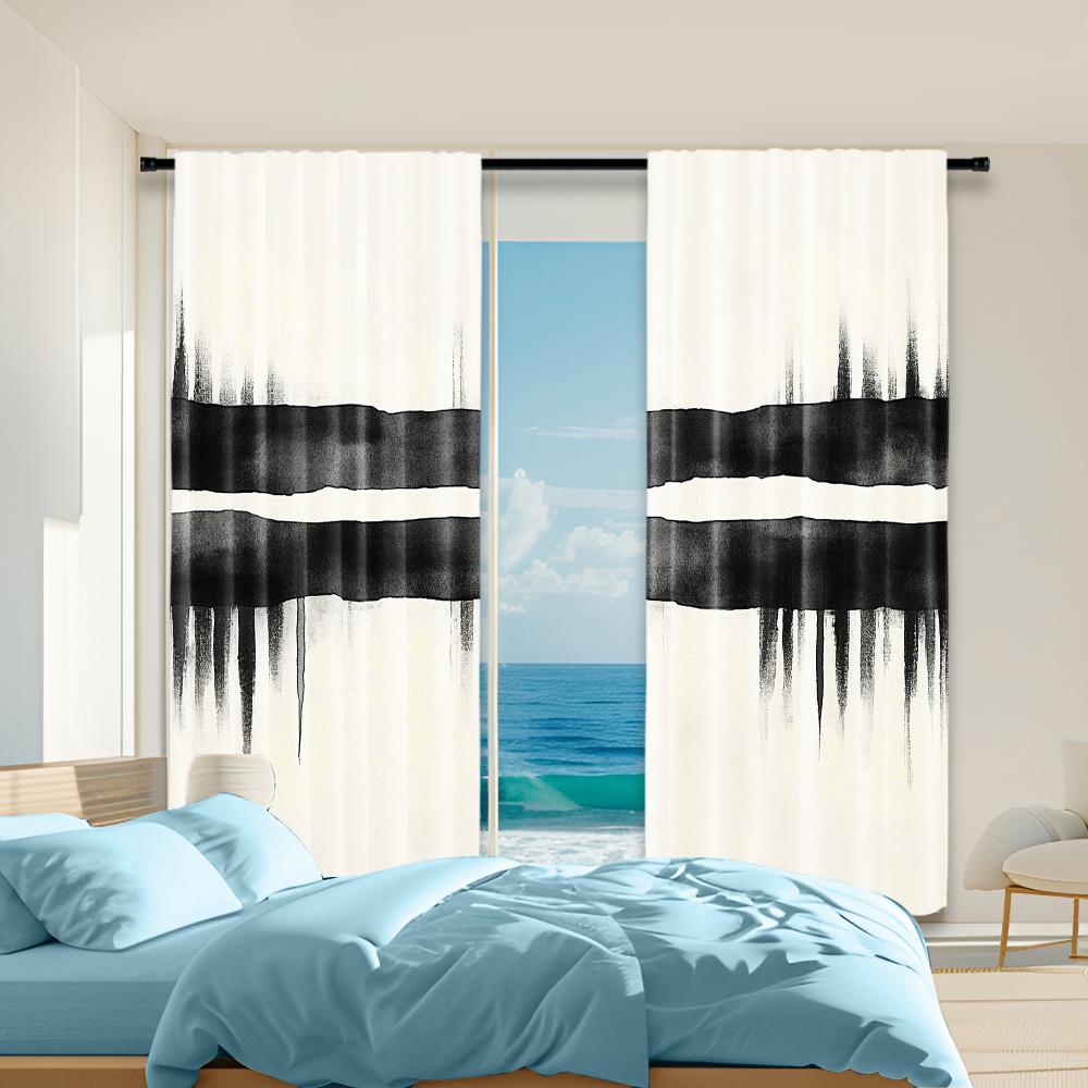 

Set Of 2 Modern Versatile Polyester Transparent Curtains Home Decoration Black Stripe Use Bedrooms Living Rooms Curtain For Great Room Made W100*H70(CM)-Hooks&2PCS